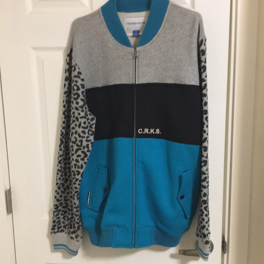 Crooks & Castles Gray and Blue CRKS Jacket with Leopard Sleeves Size M